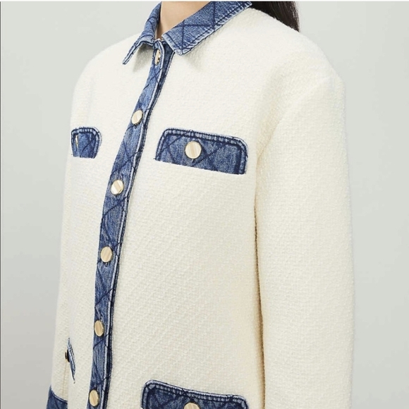 SANDRO Chelby Tweed Denim Jacket White Blue Coat 38 6 Medium - Picture 4 of 10